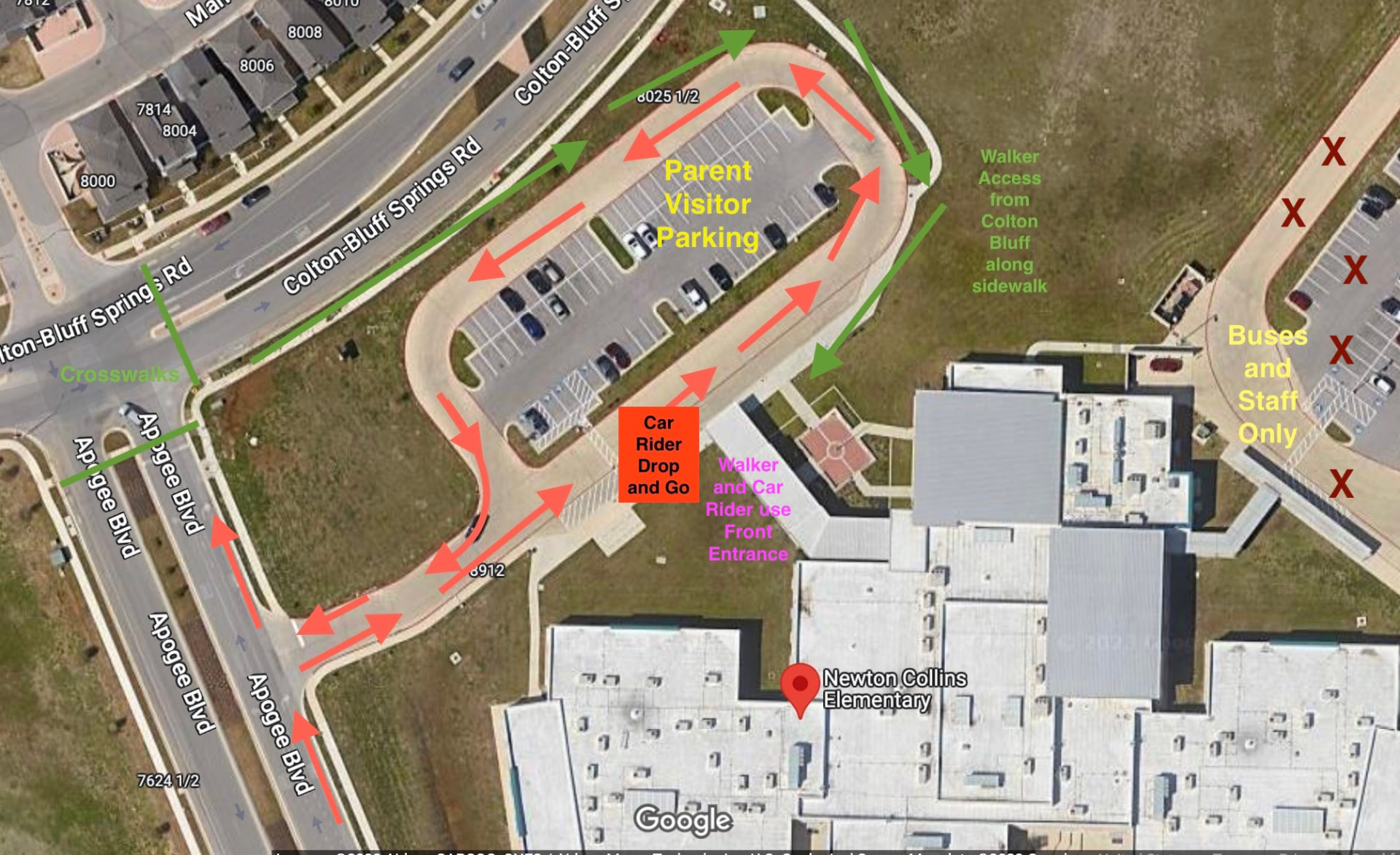 Arrival traffic flow map showing morning drop-off and parking guidance around Newton Collins Elementary
