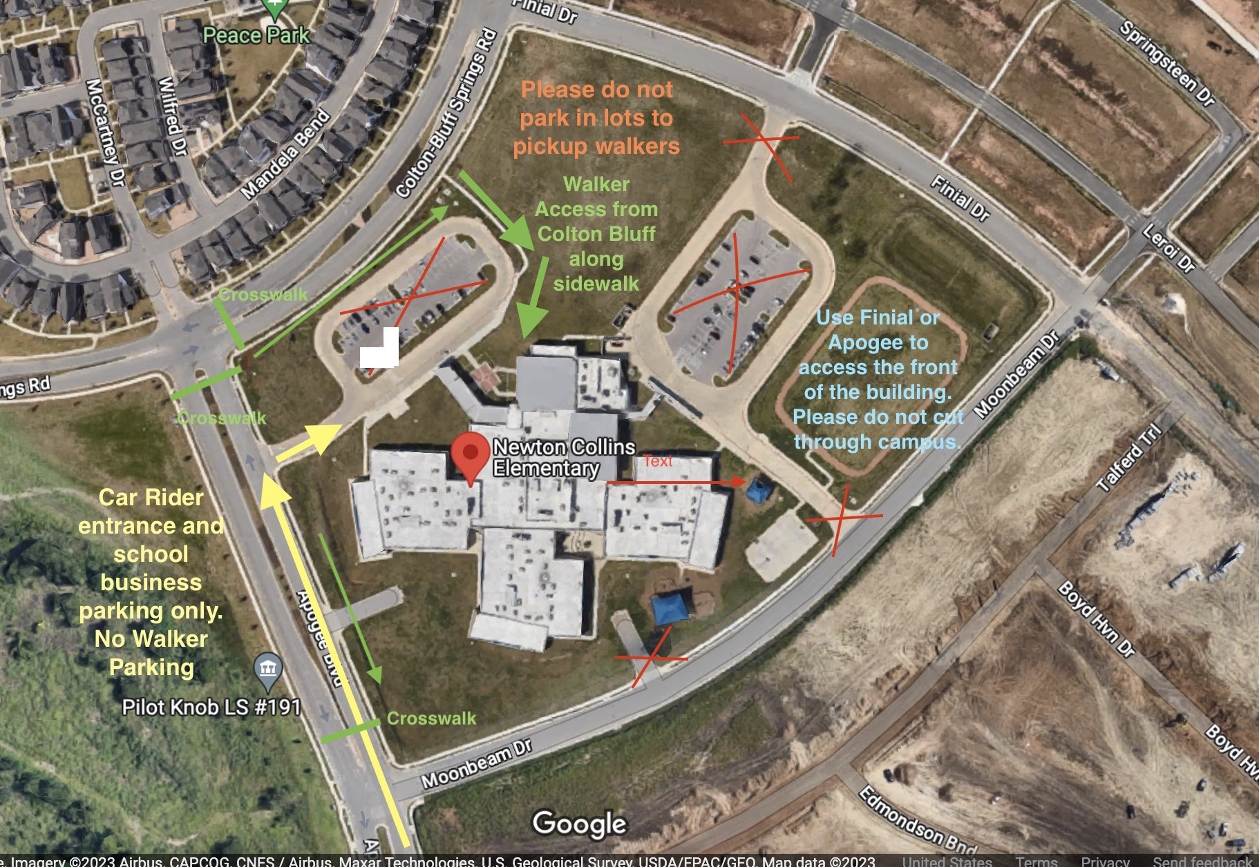 Dismissal traffic flow map showing walker pickup and vehicle routes around Newton Collins Elementary