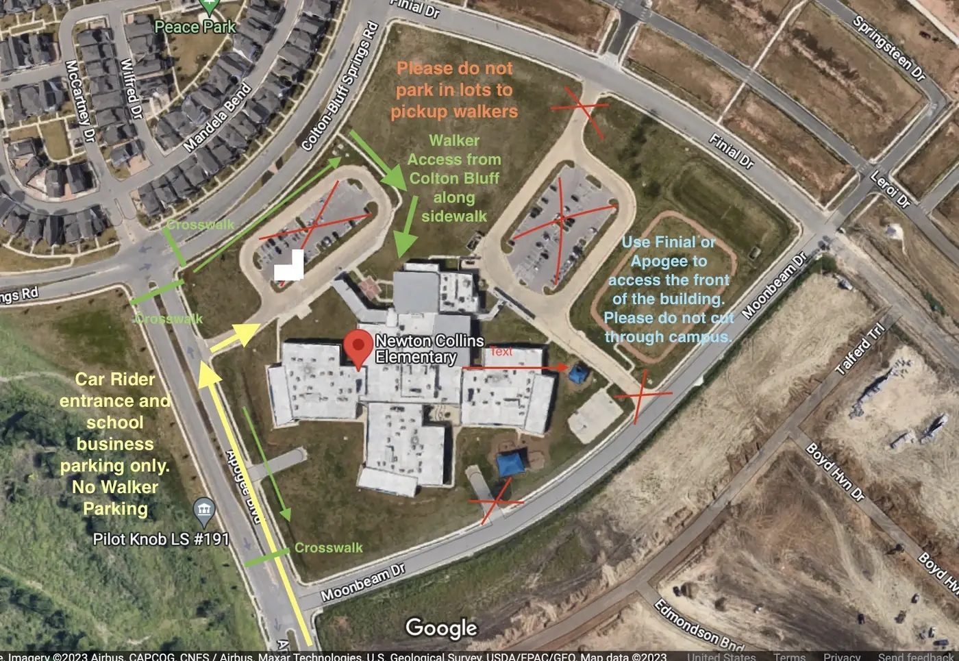 Dismissal traffic flow map showing walker pickup and vehicle routes around Newton Collins Elementary